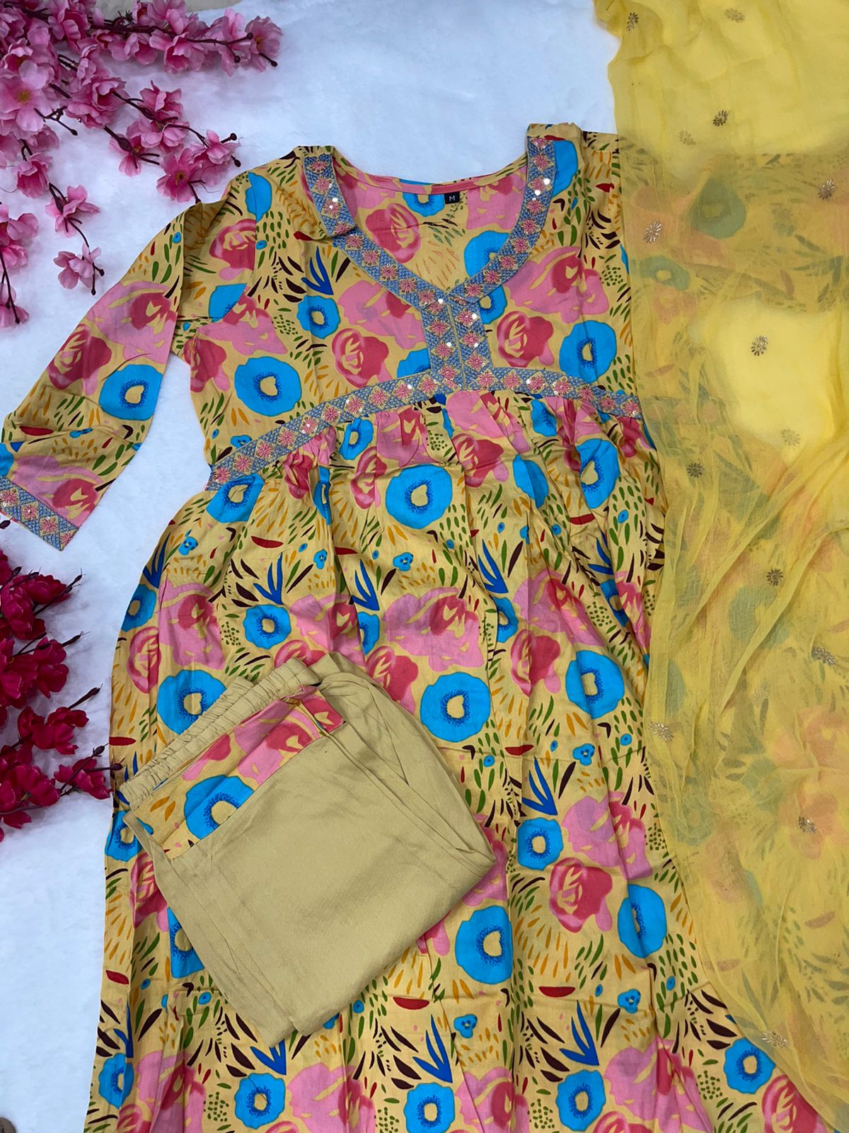 Yellow Floral Alia Cut Kurti With Pant And Dupatta Catalogue